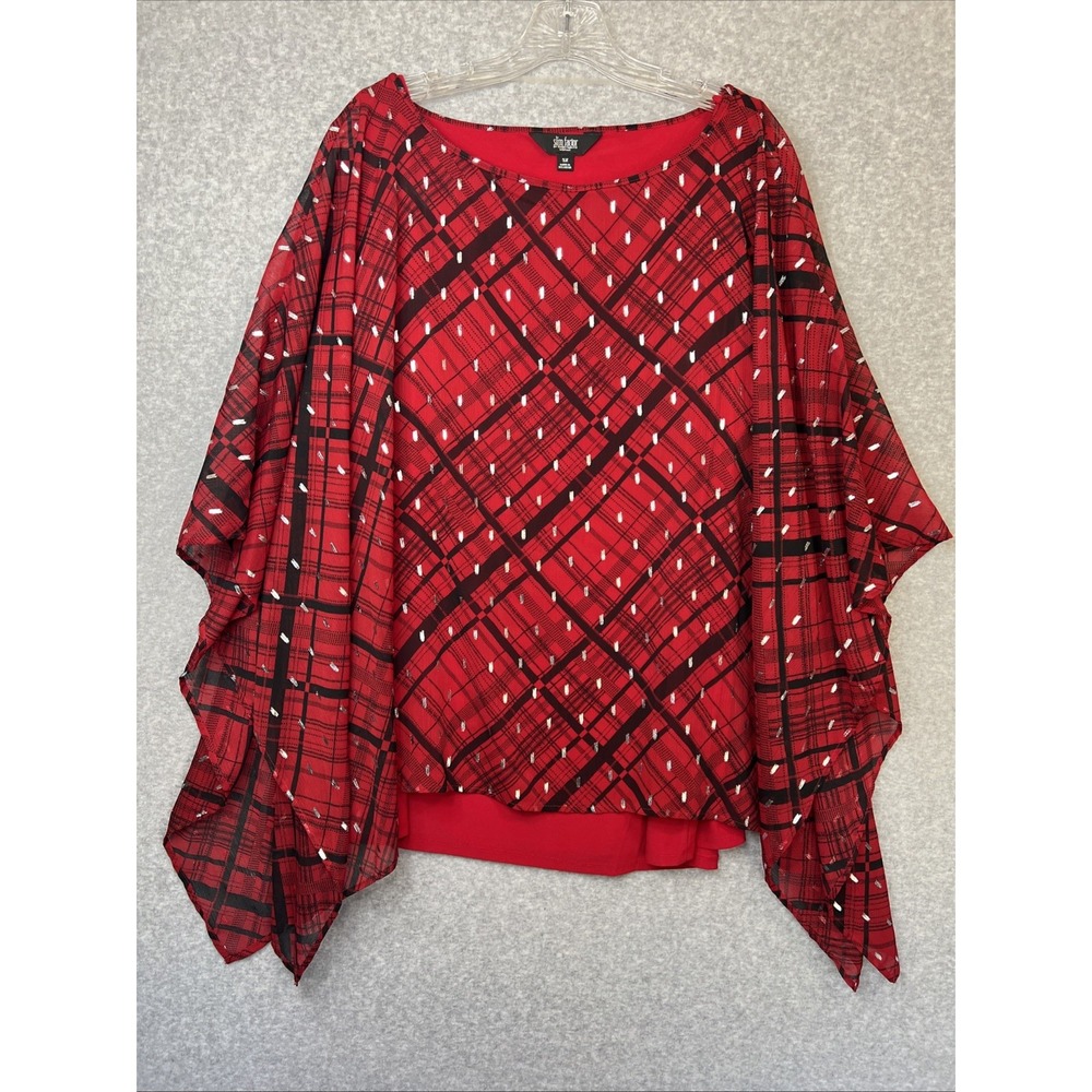 Slim Factor 3X Plus Red Black Plaid Poncho Top Metallic Silver Holiday Party